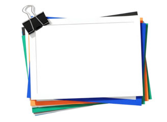 Stack of colorful papers held by a binder clip isolated on transparent background