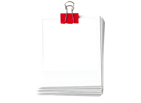 Stack of white paper sheets held by a red binder clip isolated on transparent background