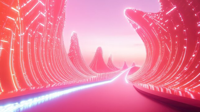 Abstract digital landscape with glowing futuristic data road