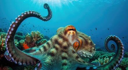 Octopus in a Vibrant Coral Reef Ecosystem with Clear Blue Water and Sun Rays Creating a Stunning Underwater Portrait.