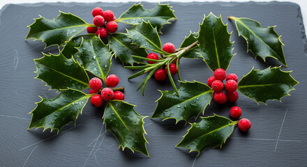 Classic Christmas Holly and Berries on a Dark Slate Surface
A simple, high-angle arrangement of traditional Christmas holly with glossy, spiky green leaves and clusters of vibrant red berries