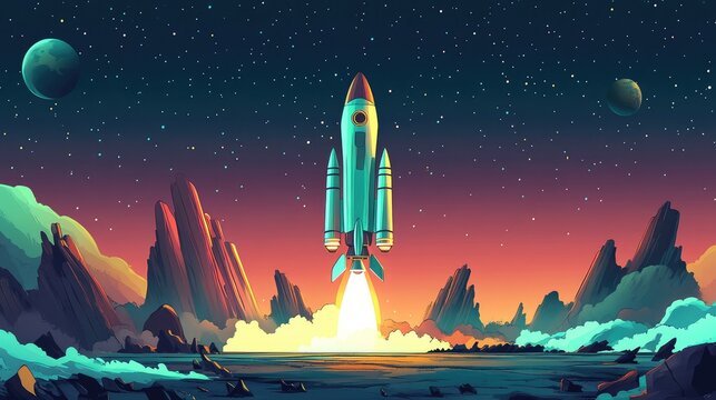 Rocket launching from alien planet surface into space - Powered by Adobe