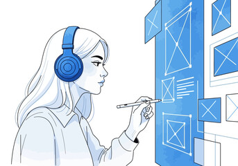 Woman Designing User Interface with Headphones On.