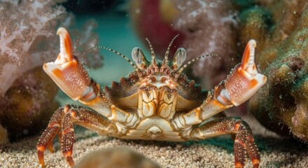 Portrait of a Cute Crab with Stalk Eyes on the Ocean Floor Surrounded by Coral, a Charming View of Marine