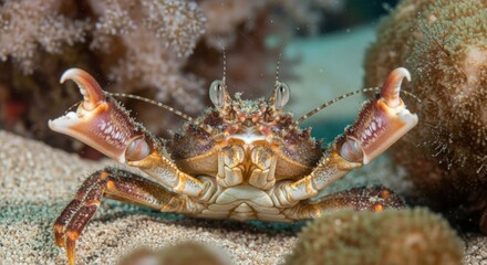Portrait of a Decorator Crab: A Curious Creature of the Reef, Posing with Claws Ready in the Underwater World