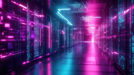 Digital data server room with flowing information