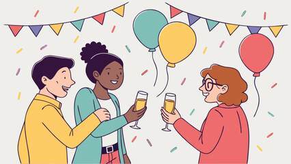 Celebration party with friends toasting champagne at festive event happy occasion with balloons and confetti