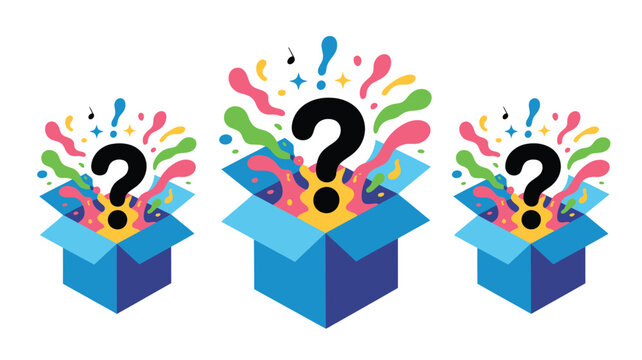 Three blue boxes with question marks and colorful explosions