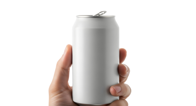 Human Hand Holding a Blank Aluminum Beverage Can for Design and Mockup Purposes