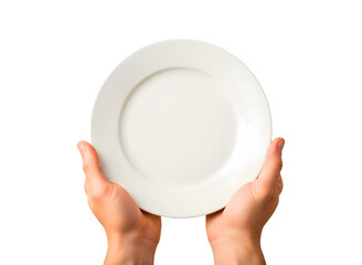Hands holding a white plate isolated on transparent background