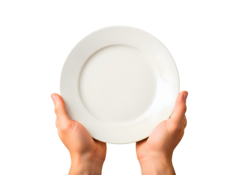 Hands holding a white plate isolated on transparent background