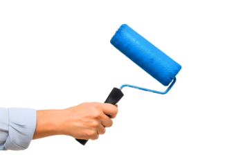 Hand holding a blue paint roller isolated on transparent background