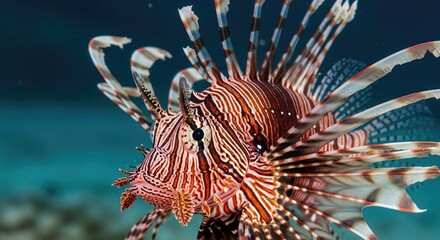 Striking Close-Up of a Red Lionfish Displaying its Elegant Spines and Striking Coloration Against a Serene Ocean Backdrop in Vivid