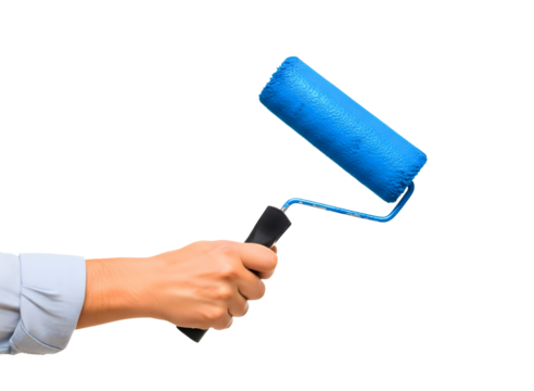 Hand holding a blue paint roller isolated on transparent background