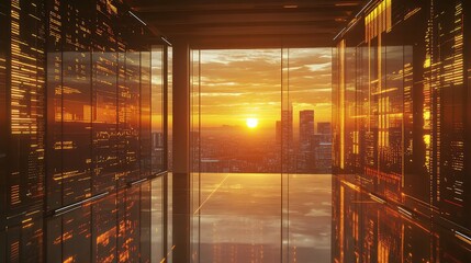 Digital data server racks against cityscape sunset