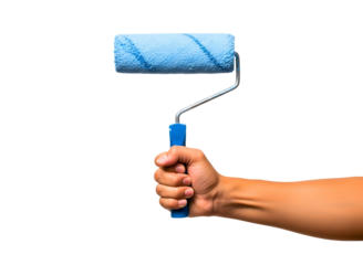 Hand holding a blue paint roller isolated on transparent background
