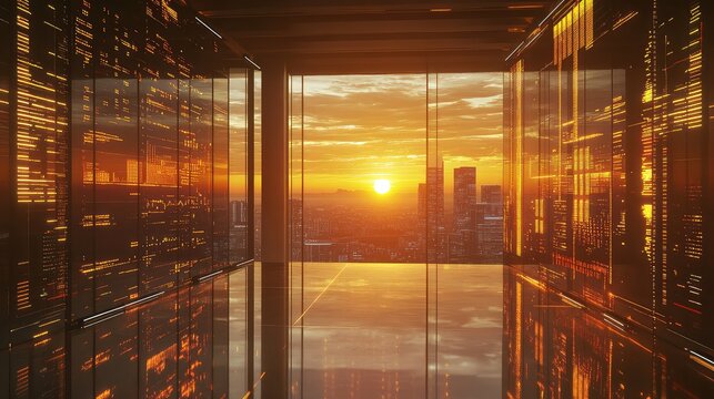Digital data server racks against cityscape sunset
