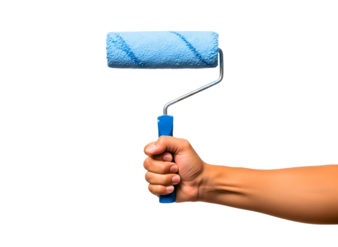 Hand holding a blue paint roller isolated on transparent background