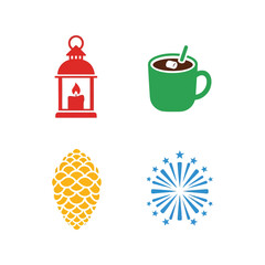 Collection of flat icons: candle lantern, hot chocolate mug, pine cone, and fireworks Vector, illustration