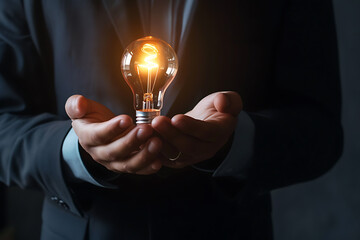 ひらめきを象徴する電球を持つビジネスマン