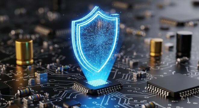 Digital shield hologram protects data on a microchip representing secure internet network cybersecurity and data privacy concept