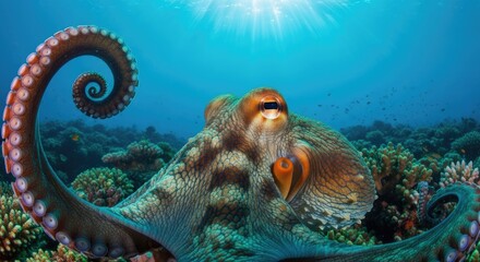 Underwater Majesty: A Captivating Close-Up of an Octopus in its Natural Habitat amidst Vibrant Coral Reefs with Sun Rays Piercing