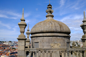 View of one of the towers of the Porto Cathedral with the city in the background