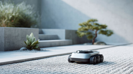 Minimalist garden scene featuring a modern, robotic device on gravel, blending technology with nature. Ideal for themes of automation, serenity, and landscape design.
