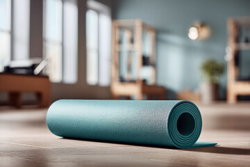Rolled yoga mat in a bright studio. Represents fitness, wellness, and a healthy lifestyle. Great for health articles, gym ads, and mindful living concepts.