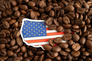 US America flag on coffee beans, shopping online for export or import food product.