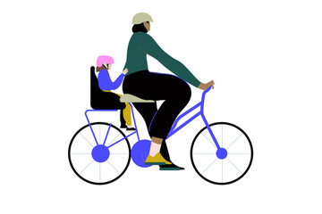 Active mother and daughter riding a bike vector flat illustration. Happy family riding a bike together, isolated on white background. Concept of healthy lifestyle, leisure and spending time outdoors.