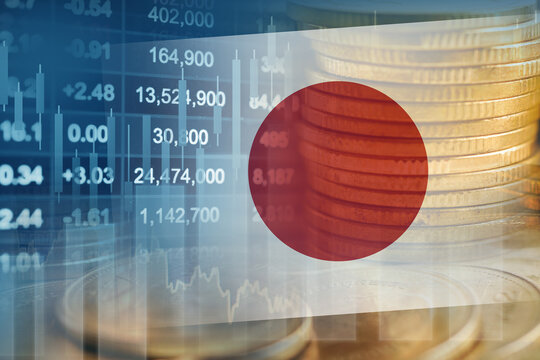 Japan flag with stock market finance, economy trend graph digital technology.