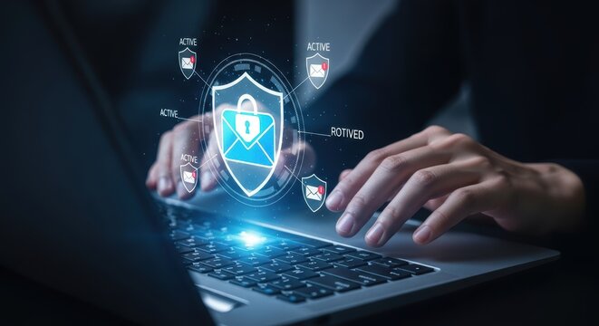 Email security concept highlights protection from spam using encryption to secure information on a laptop with hands on the keyboard