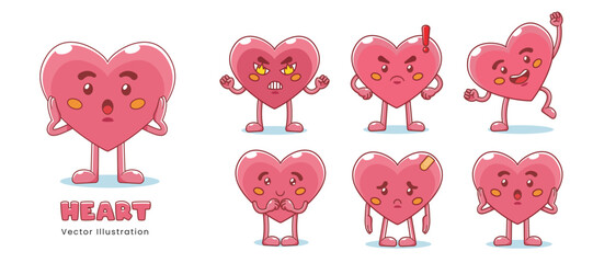love cartoon characters. Heart mascots Valentine with variations of heartache, sadness, surprise.