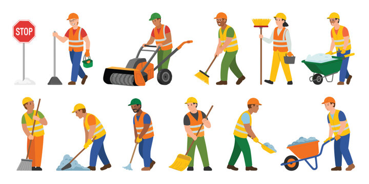 Diverse construction workers performing various tasks with tools and equipment