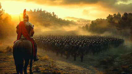 Glory of Rome A Roman general leads his legion on the march to war at dawn. An epic and cinematic scene for historical films documentaries and game intros.