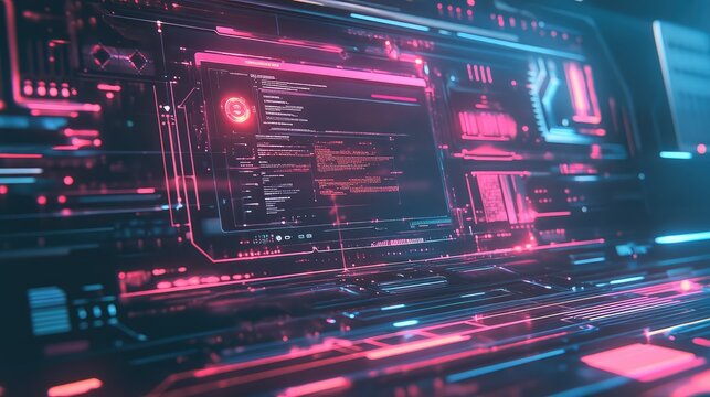 Abstract glowing neon interface displaying programming code and data