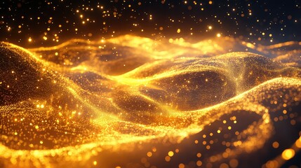 Golden glitter particles forming abstract flowing waves