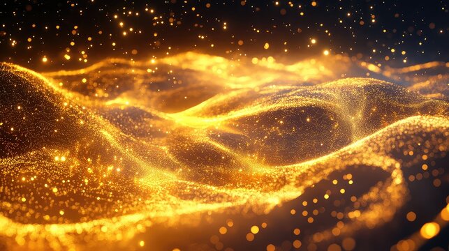 Golden glitter particles forming abstract flowing waves