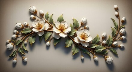 Elegant floral arrangement featuring delicate white flowers and lush green leaves on a soft, neutral background, isolated on white background