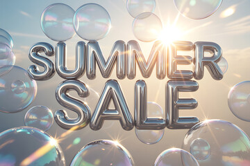 Shimmering summer sale announcement with chrome bubble letters and glowing light, perfect for retail promotions and seasonal deals with transparent bubbles