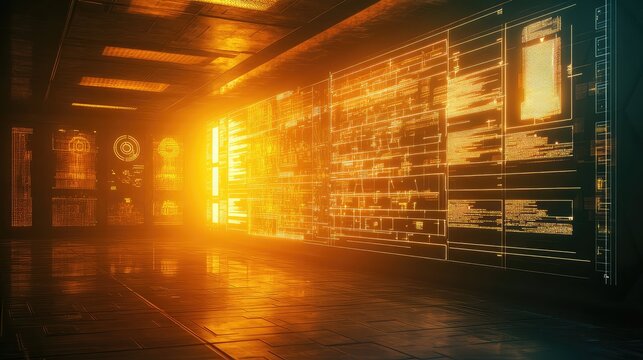 Cyberpunk futuristic data room with glowing code interface - Powered by Adobe