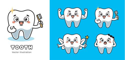 Cute teeth cartoon for education with variations of healthy, tooth fairy, cavities, brushing.