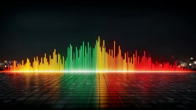 A colorful audio equalizer with yellow green and red lights pulses on a reflective floor. A music spectrum analyzer for DJ sets podcasts or party videos. A vibrant tech background.