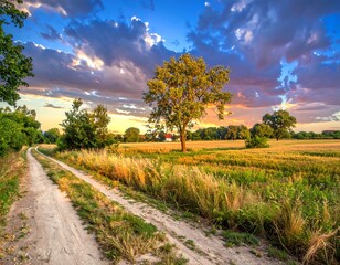 Fototapeta premium A vibrant rural landscape showcasing a dirt path meandering through a field, trees, and dramatic sunset clouds