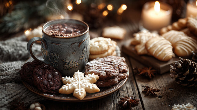Christmas homemade cookies and hot chocolate on rustic table with holiday decorations, warm and cozy festive atmosphere