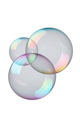 Obraz premium Floating transparent soap bubbles reflect light in various colors high above the ground