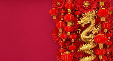 Golden dragon and red lanterns with flowers on a red background for a festive chinese new year celebration