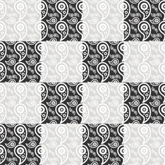 Seamless black and white paisley pattern with swirling ornamental motifs, repeating tiles suitable for wallpaper, textile and packaging backgrounds.