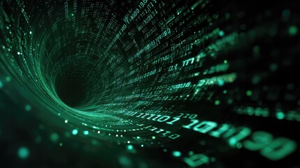 Digital data flowing through abstract green binary tunnel